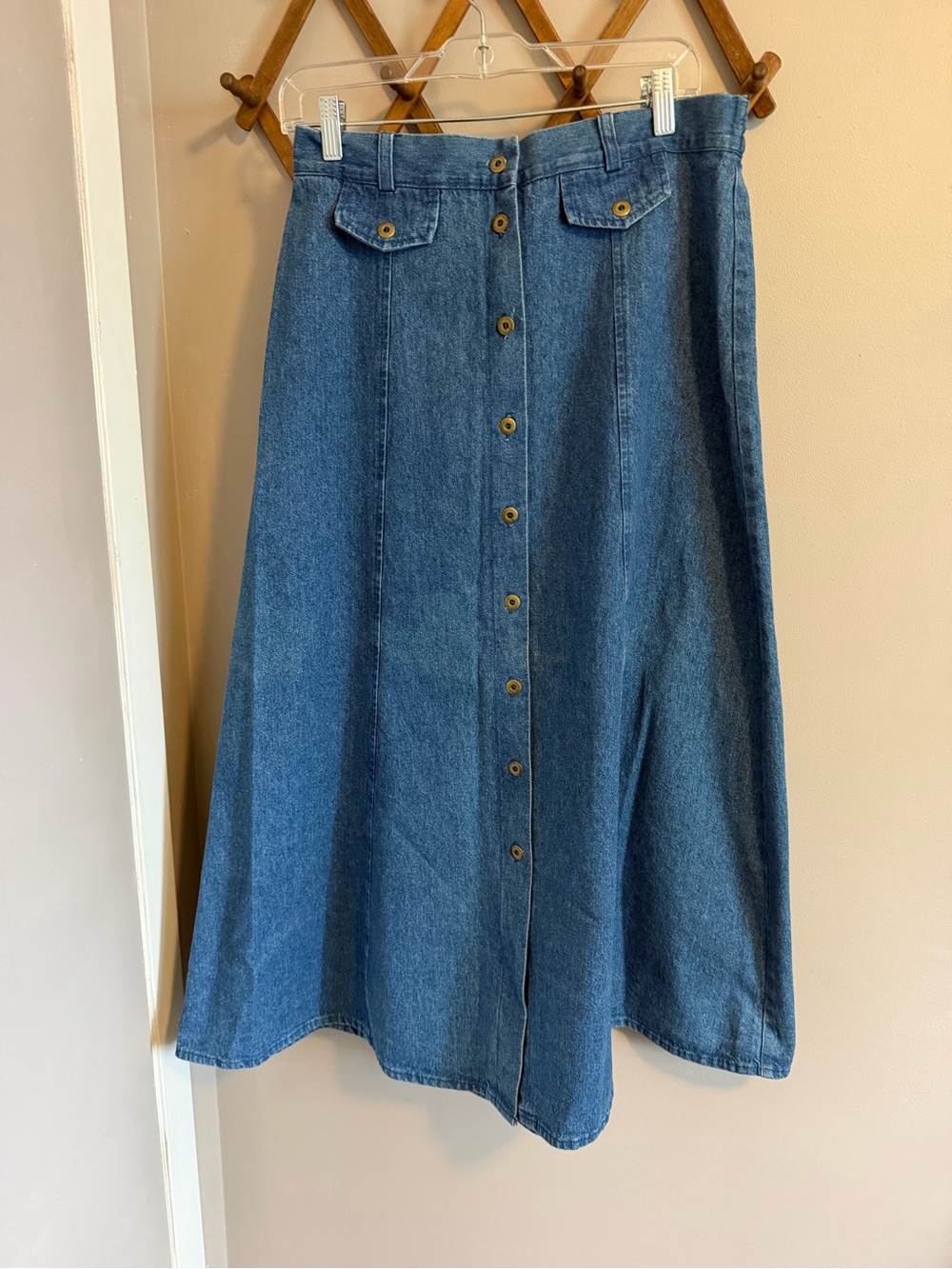 Vintage LD Weekend Denim Button Front Flap Pocket Maxi Skirt Blue 12